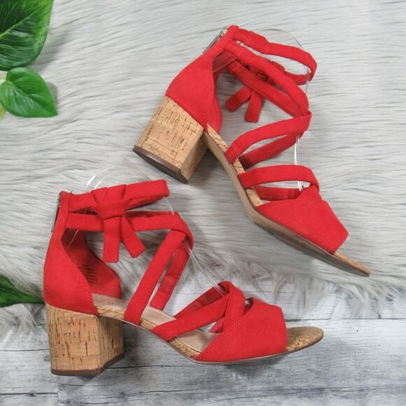 NINE WEST Give It To Me Red Suede Strappy Cork Heel Sandal Women’s Size 7.5 - Picture 3 of 15